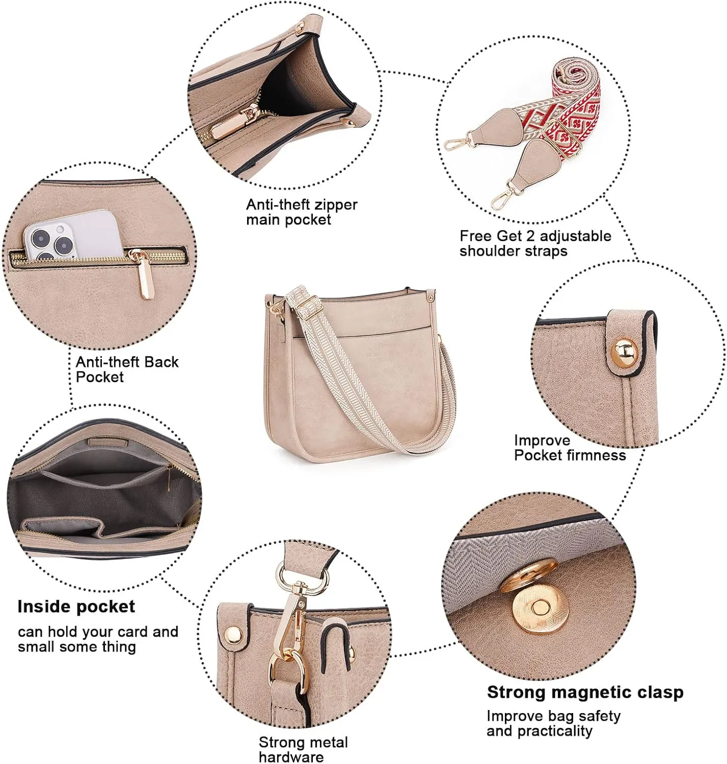 HKCLUF Crossbody Bags for Women Trendy Vegan Leather Hobo Handbags With 2PCS Adjustable Guitar Strap Shoulder Bucket Bags