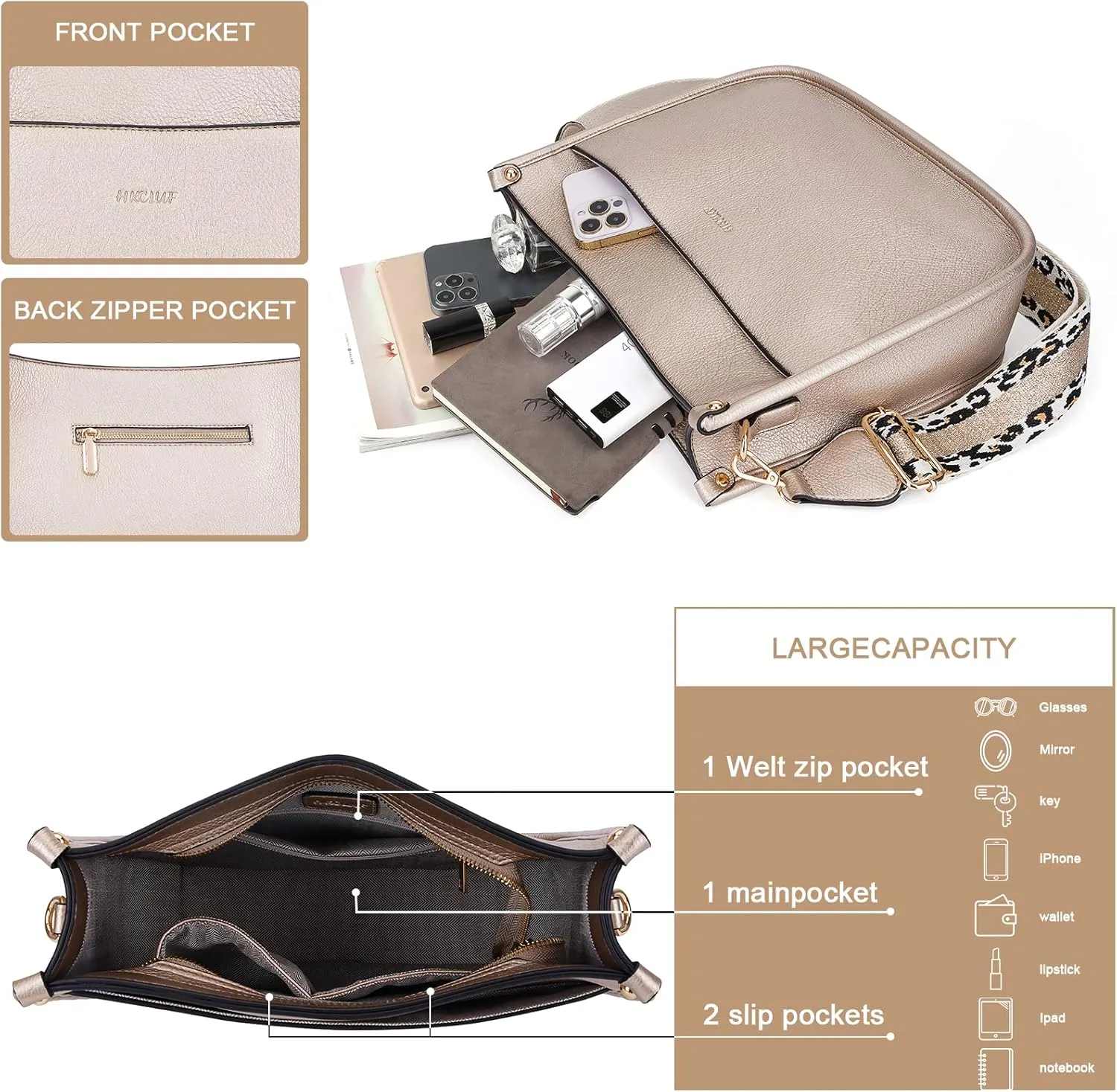 HKCLUF Crossbody Bags for Women Trendy Vegan Leather Hobo Handbags With 2PCS Adjustable Guitar Strap Shoulder Bucket Bags