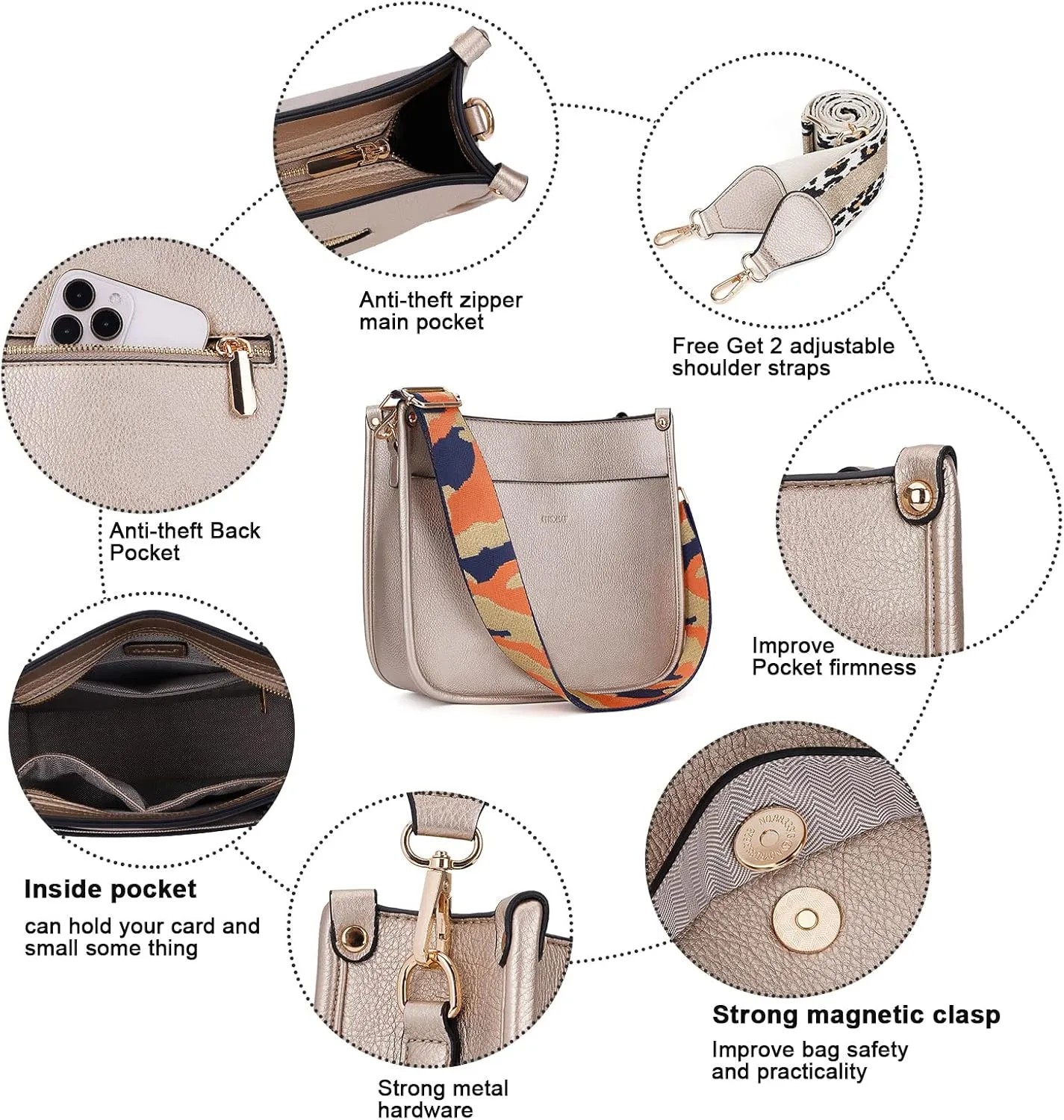 HKCLUF Crossbody Bags for Women Trendy Vegan Leather Hobo Handbags With 2PCS Adjustable Guitar Strap Shoulder Bucket Bags