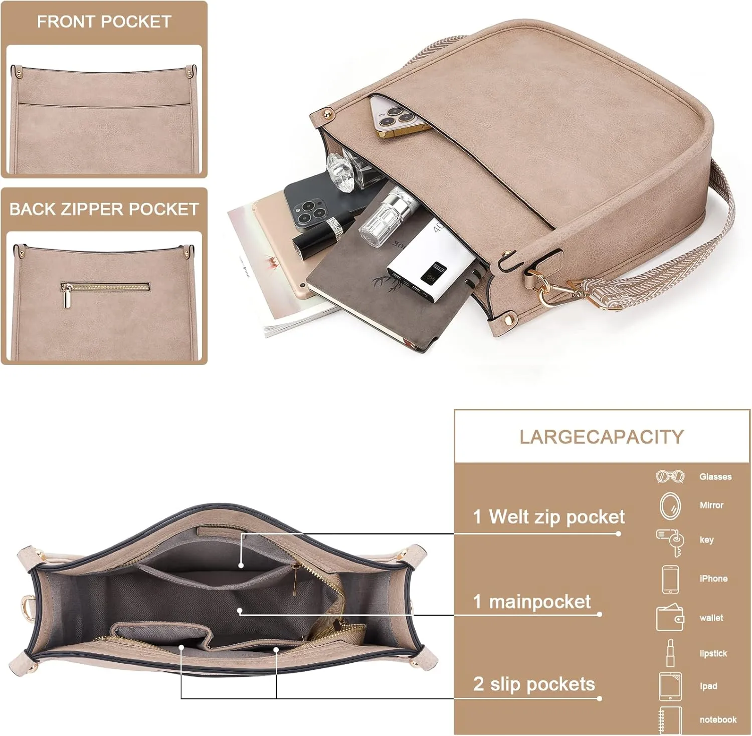 HKCLUF Crossbody Bags for Women Trendy Vegan Leather Hobo Handbags With 2PCS Adjustable Guitar Strap Shoulder Bucket Bags