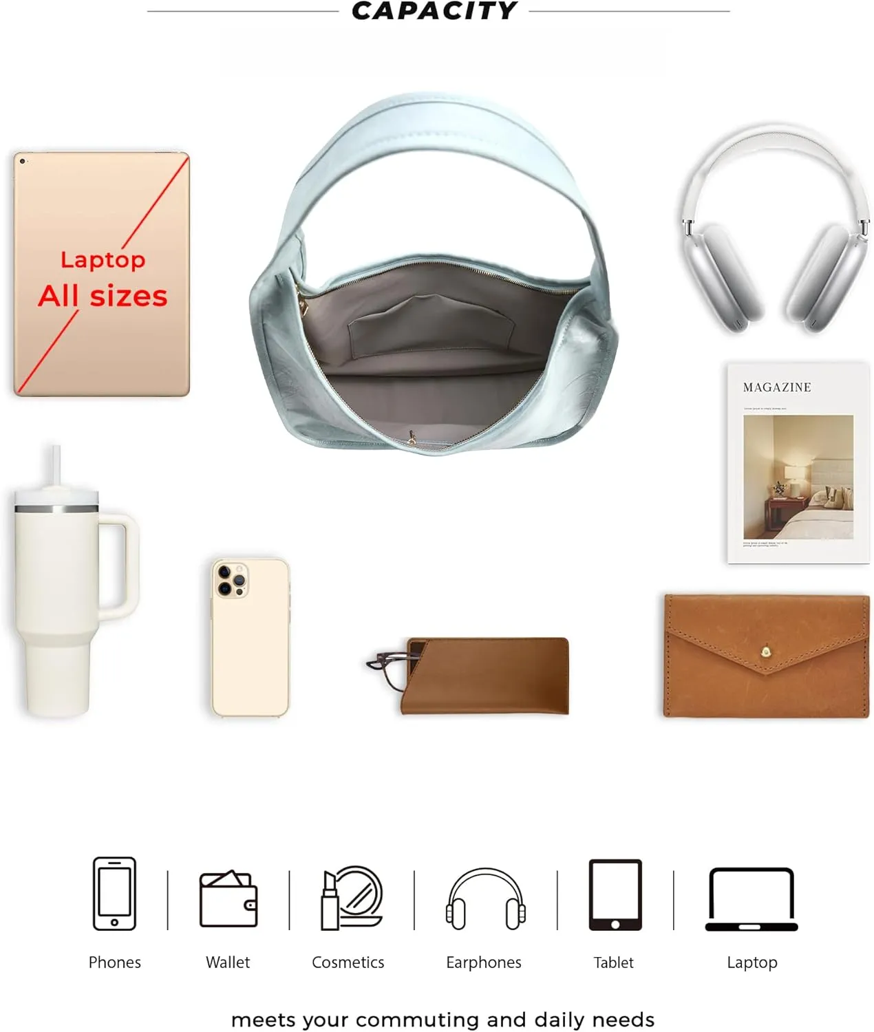 Hobo Purse, PU Leather Shoulder Bag, Tote Handbag for Work and Travel