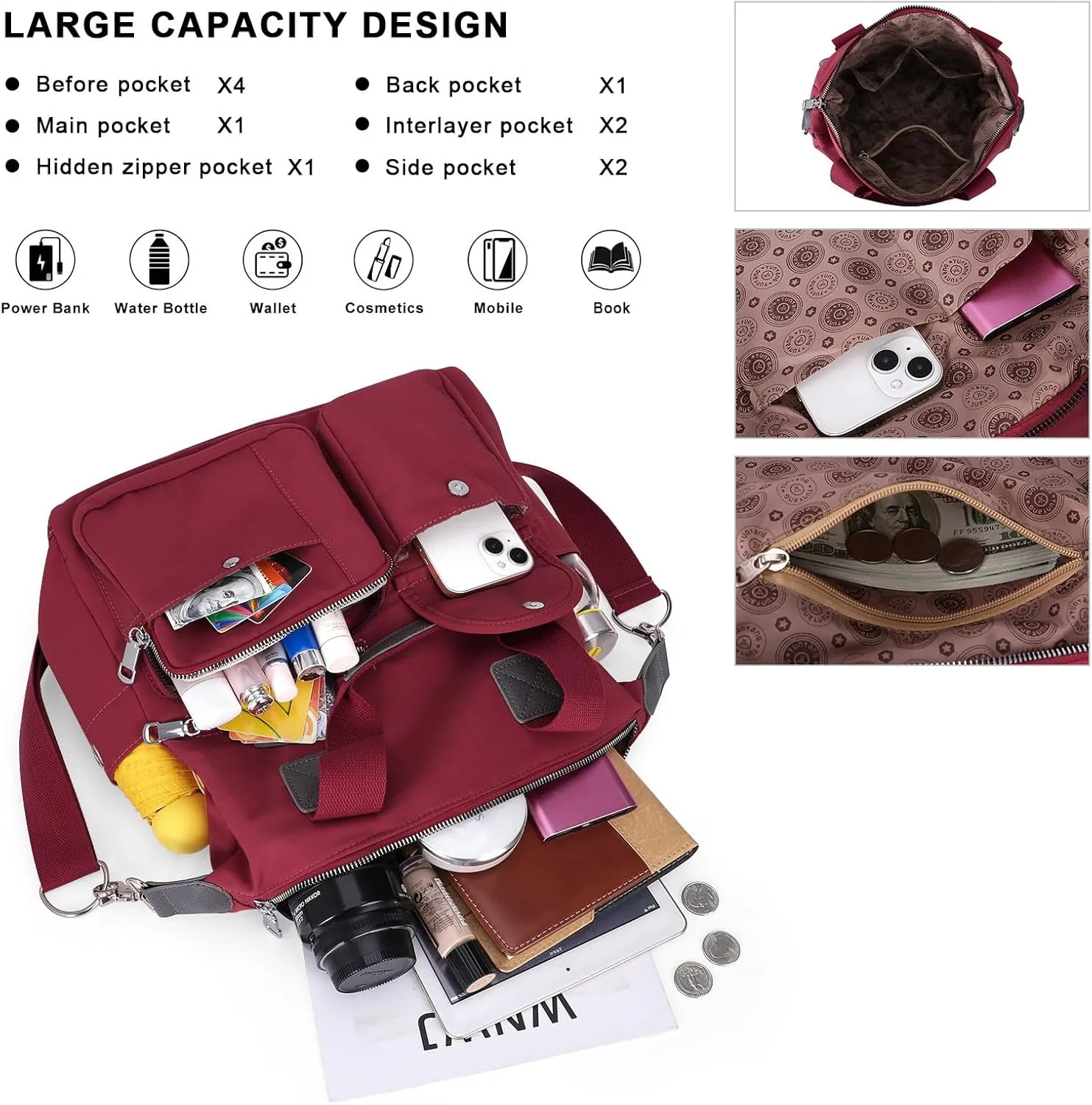 HUA ANGEL Women's Top-handle Handbags Nylon Crossbody Bag Multi Pocket Purses Women for Travel Work Sport Shopping Everyday