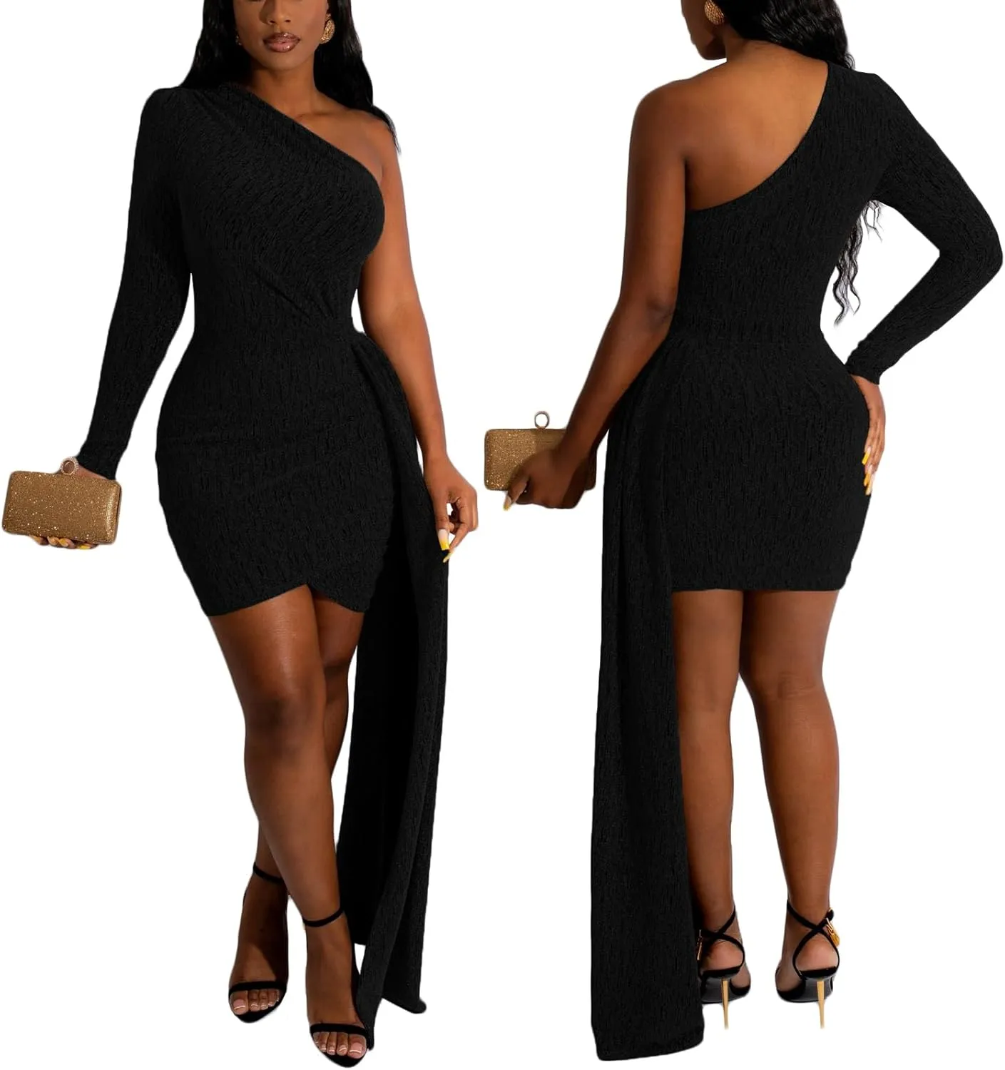 HugeNice Women's Sexy Deep V Neck Bodycon Mini Dresses Casual Long Sleeve Wrap Club Cocktail Party Short Dress