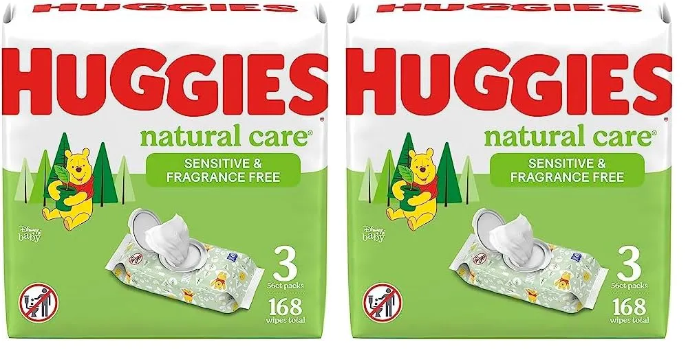 Huggies Natural Care Sensitive Baby Wipes, Unscented, Hypoallergenic, 99% Purified Water, 3 Flip-Top Packs (168 Wipes Total) (Pack of 2)