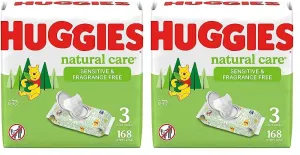 Huggies Natural Care Sensitive Baby Wipes, Unscented, Hypoallergenic, 99% Purified Water, 3 Flip-Top Packs (168 Wipes Total) (Pack of 2)