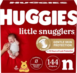 Huggies Newborn Diapers, Little Snugglers Newborn Diapers, Size Newborn (up to 10 lbs), 144 Count, White