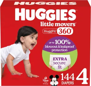 Huggies Size 4 Baby Diapers, Little Movers HuggFit 360° Baby Diapers with 360° Waistband, Size 4 (22-37 lbs), 144 Count, Packaging May Vary