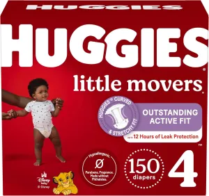 Huggies Size 4 Diapers, Little Movers Baby Diapers, Size 4 (22-37 lbs), 150 Count, Packaging May Vary