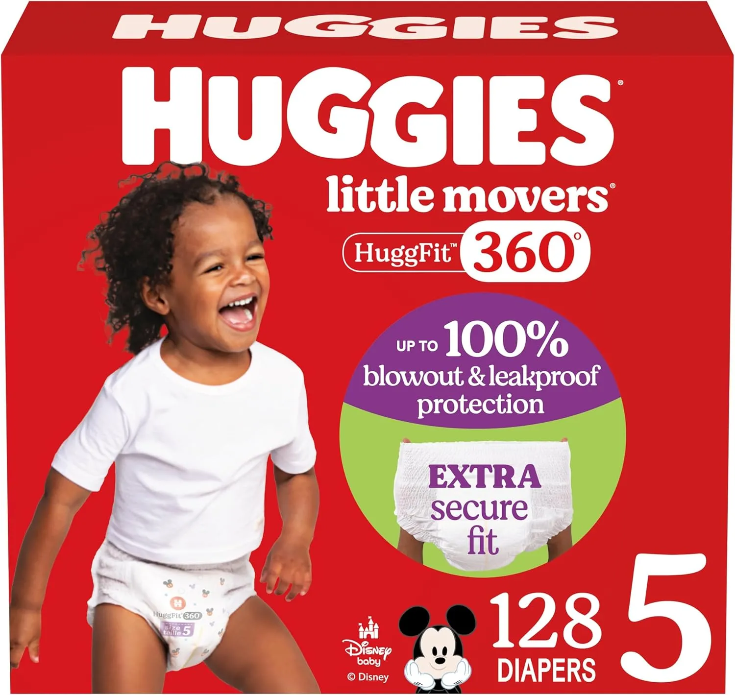 Huggies Size 5 Baby Diapers, Little Movers HuggFit 360° Baby Diapers with 360° Waistband, Size 5 (27  lbs), 128 Count, Packaging May Vary