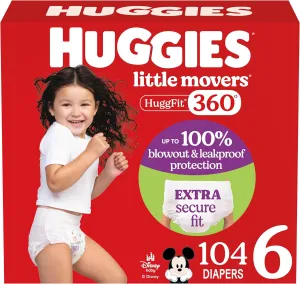 Huggies Size 6 Baby Diapers, Little Movers HuggFit 360° Baby Diapers with 360° Waistband, Size 6 (35  lbs), 104 Count, Packaging May Vary