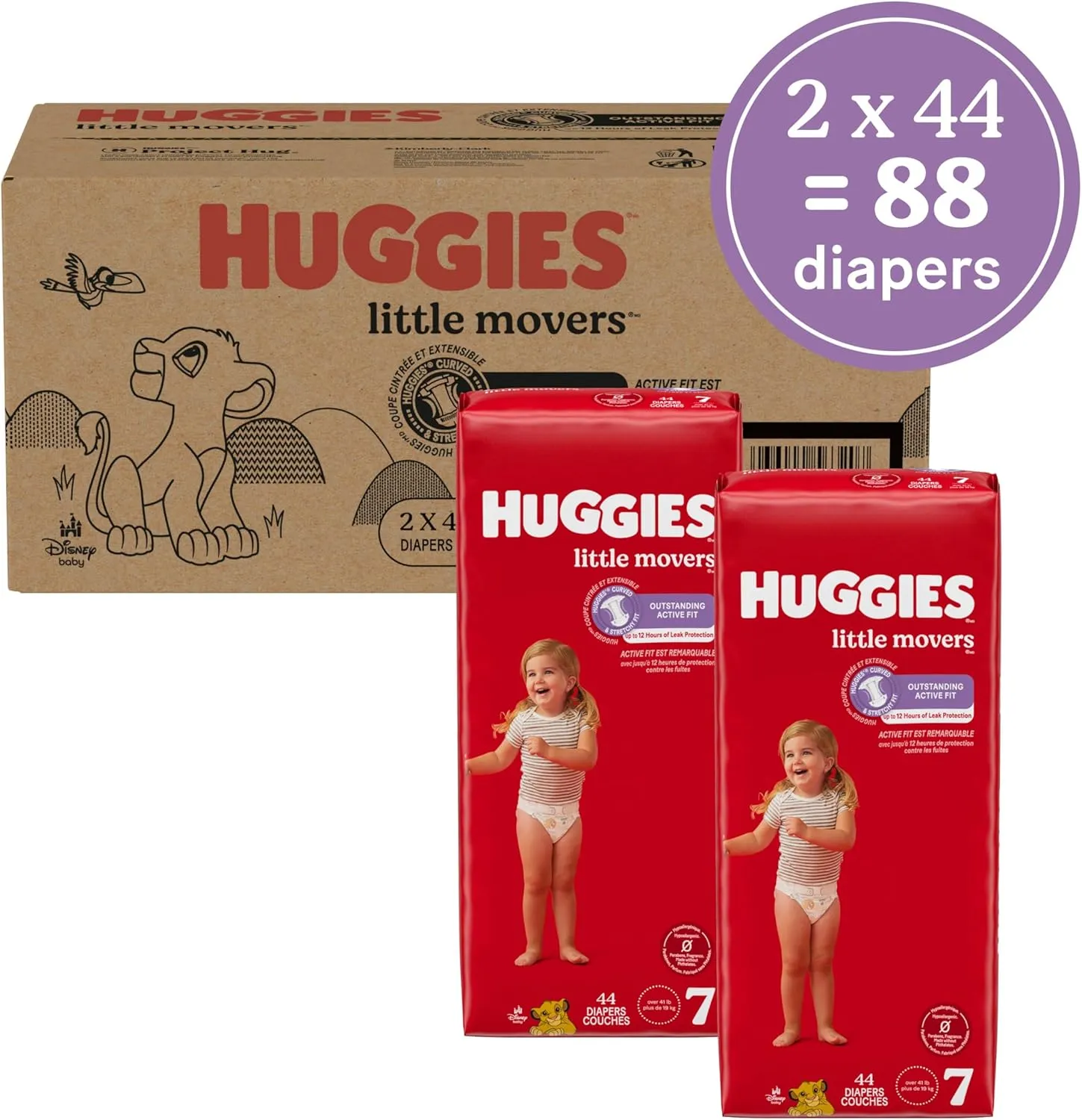 Huggies Size 7 Diapers, Little Movers Baby Diapers, Size 7 (41  lbs), 88 Count, Packaging May Vary