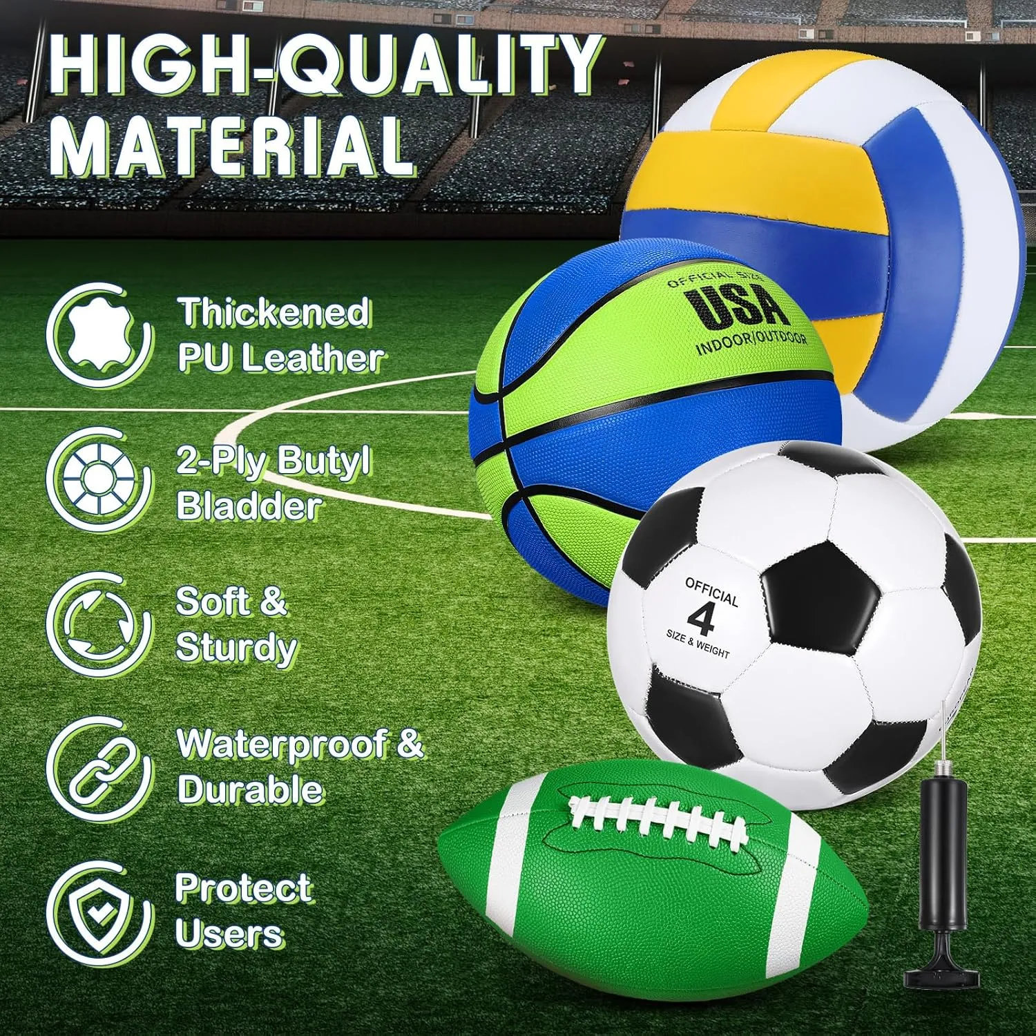 HyDren 4 Pcs Sport Ball Set Official Size Basketball, Soccer Ball, Football, Volleyball with Equipment Carry Bag and Pump Gift for Outdoor Playground Child Teen Kid Youth Back to School