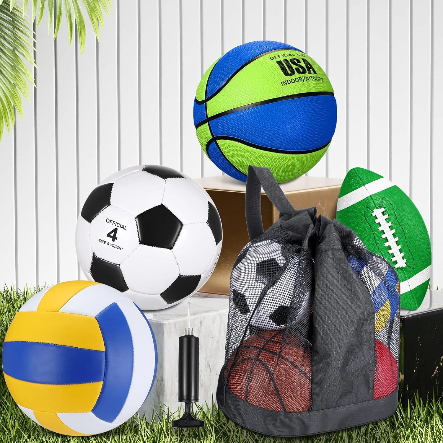 HyDren 4 Pcs Sport Ball Set Official Size Basketball, Soccer Ball, Football, Volleyball with Equipment Carry Bag and Pump Gift for Outdoor Playground Child Teen Kid Youth Back to School