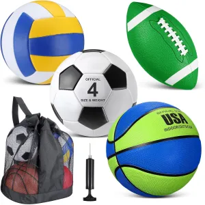 HyDren 4 Pcs Sport Ball Set Official Size Basketball, Soccer Ball, Football, Volleyball with Equipment Carry Bag and Pump Gift for Outdoor Playground Child Teen Kid Youth Back to School