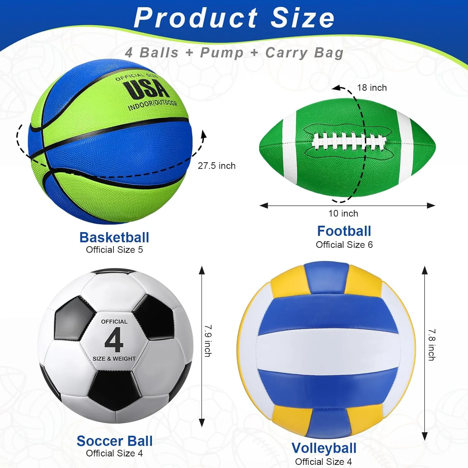 HyDren 4 Pcs Sport Ball Set Official Size Basketball, Soccer Ball, Football, Volleyball with Equipment Carry Bag and Pump Gift for Outdoor Playground Child Teen Kid Youth Back to School
