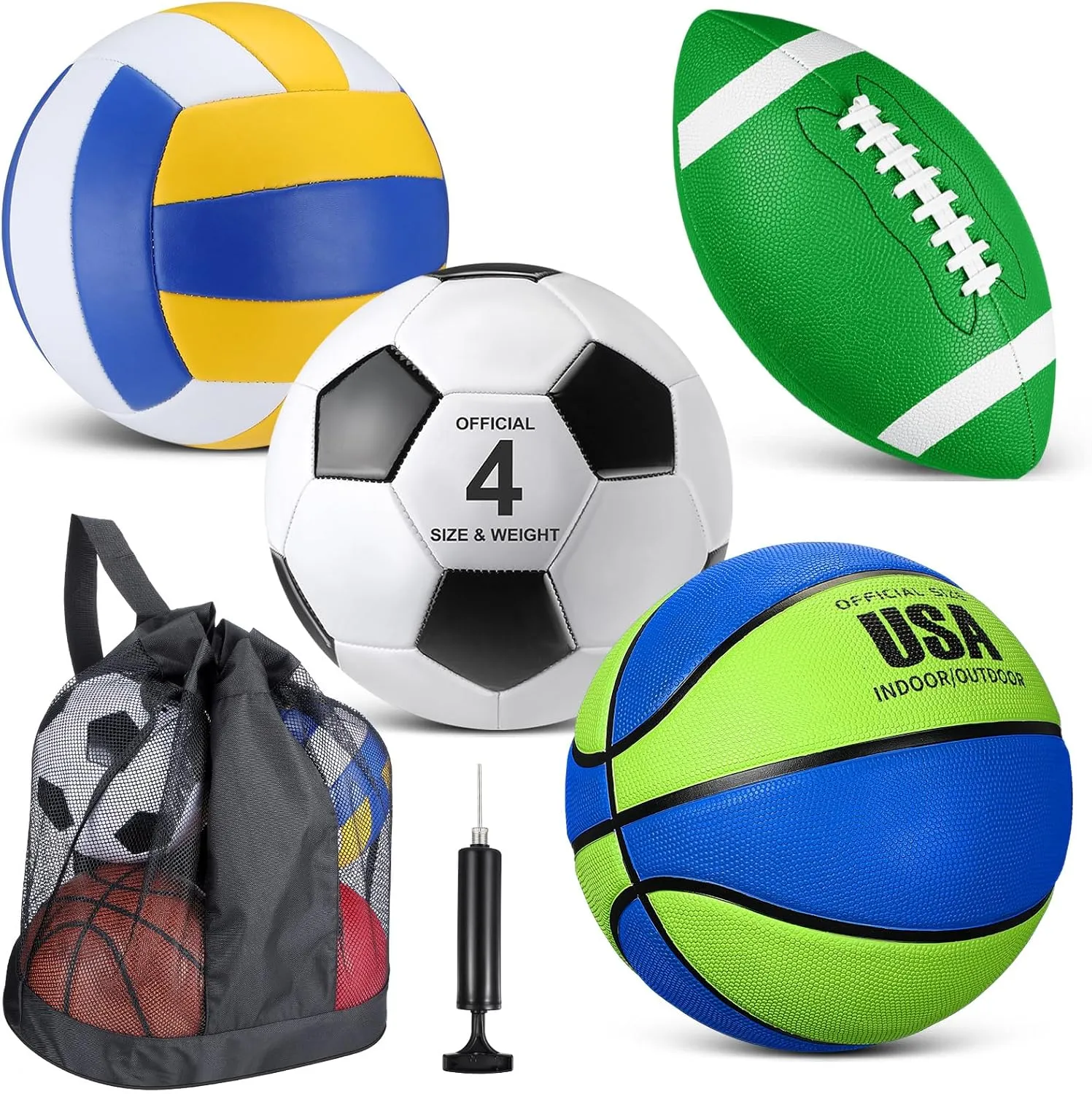 HyDren 4 Pcs Sport Ball Set Official Size Basketball, Soccer Ball, Football, Volleyball with Equipment Carry Bag and Pump Gift for Outdoor Playground Child Teen Kid Youth Back to School