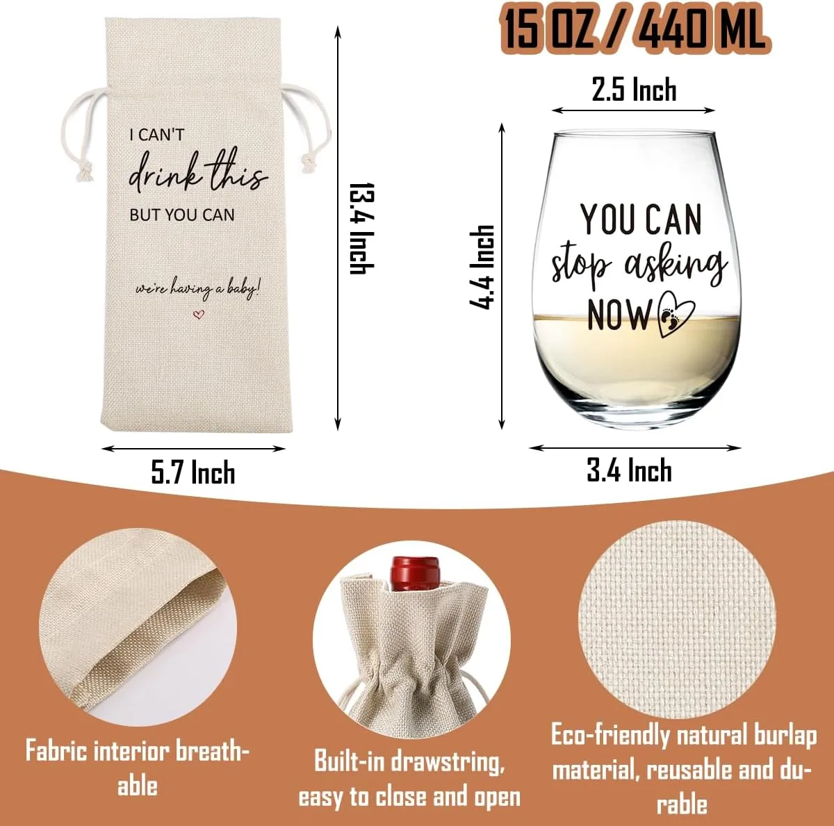 I Cant Drink This But You Can Pregnancy Announcement for Grandparents Aunt Parents New Mom Dad Pregnancy Announcement Wine Bag Glass Set Gifts for Mother Father Day Grandma Grandpa