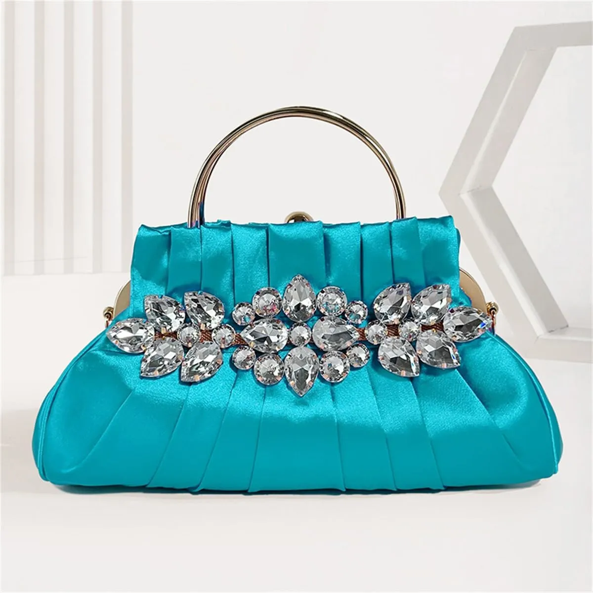 IAMUHI Women Retro Satin Evening Handbag Pleated Rhinestone Clutch Bag Party Wedding Crossbody Shoulder Purse with Chain