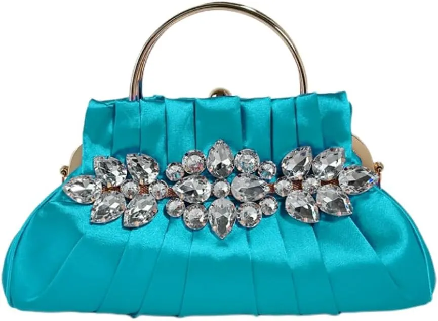 IAMUHI Women Retro Satin Evening Handbag Pleated Rhinestone Clutch Bag Party Wedding Crossbody Shoulder Purse with Chain