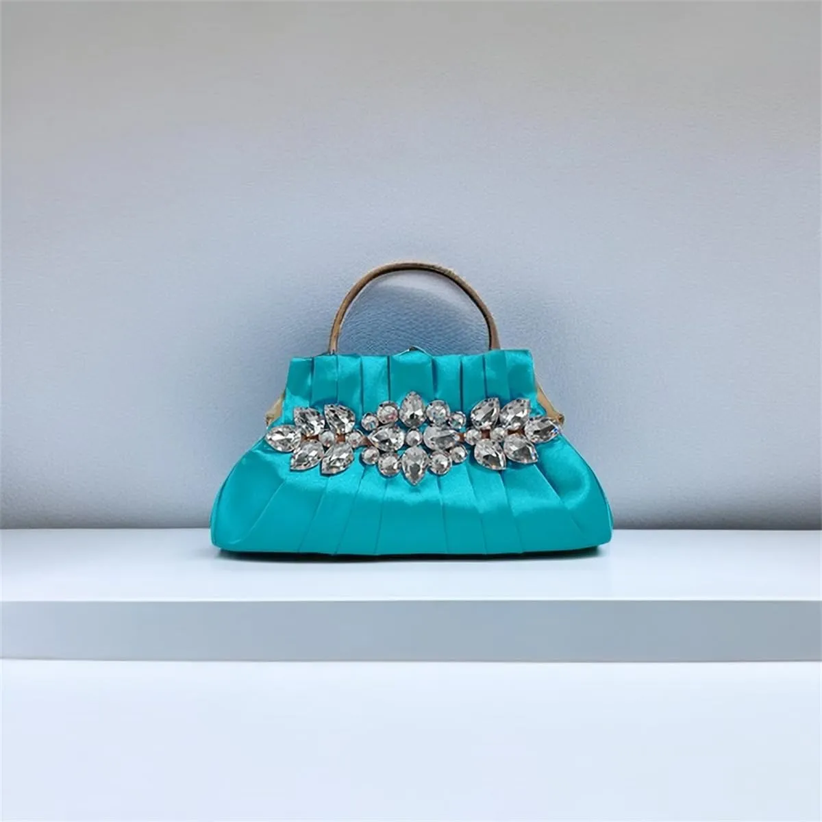 IAMUHI Women Retro Satin Evening Handbag Pleated Rhinestone Clutch Bag Party Wedding Crossbody Shoulder Purse with Chain
