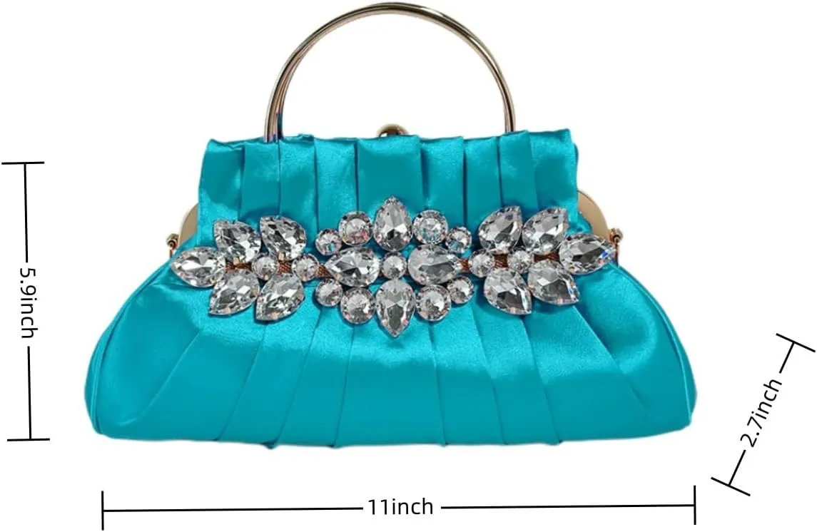IAMUHI Women Retro Satin Evening Handbag Pleated Rhinestone Clutch Bag Party Wedding Crossbody Shoulder Purse with Chain