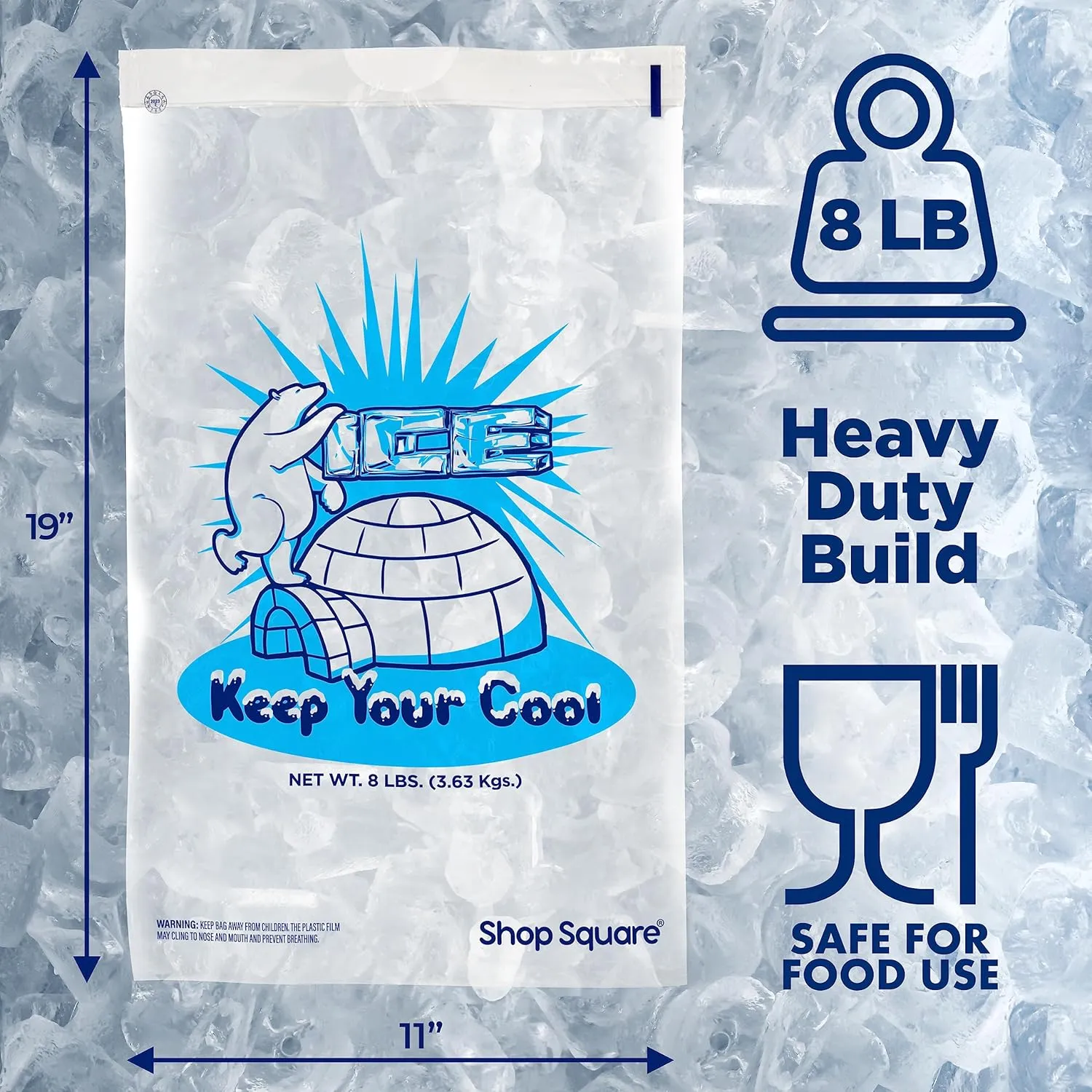 Ice Bags 8 lb with Drawstring - 100 Pack Ice Bags for Ice Machine, Heavy-Duty Reusable Ice Cube Bags, Plastic Bags for Ice, Ice Storage Bags for Freezers