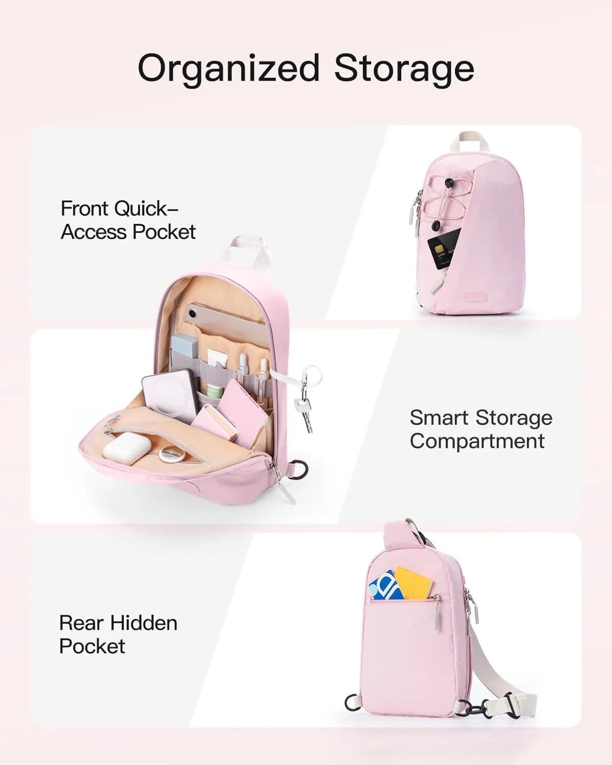 Inateck Sling Bag X-Row with RFID Blocking, Spacious Crossbody Shoulder Chest Everyday Carry Bag with Quick-adjust Strap, Water-resistant Sling Backpack for Men, Women, Travel, Cycling, Hiking, Pink