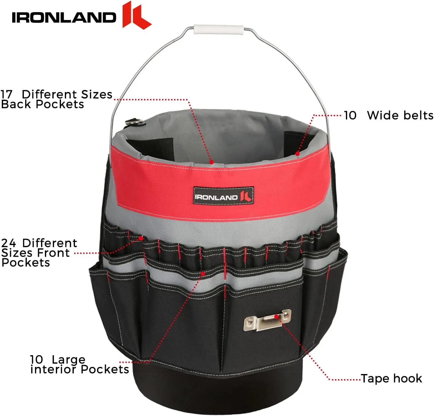 IRONLAND Bucket Tool Organizer Fit 3.5-5 Gallon Bucket, 51 Pockets, Bucket Tool Caddy Organization for Garden, Construction, Carpenter, Electrician, Builder Red & Black