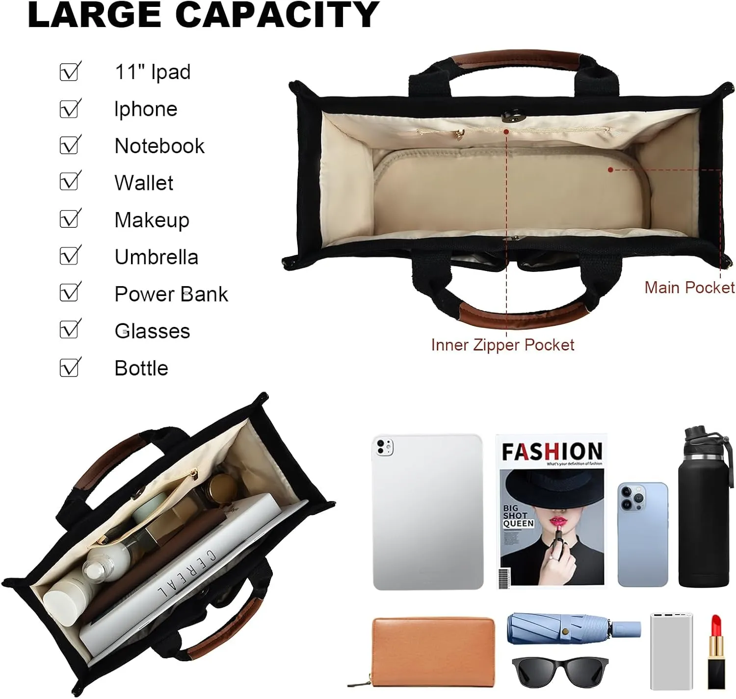 IwIeIaIrI Canvas Tote Bag for Women with Multi Pockets,Trendy Shoulder Handbag with Compartments for shopping,Work,Beach