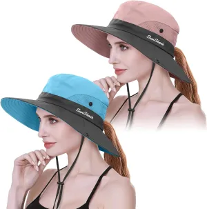 IYEBRAO 2 Pack Womens Ponytail Sun Hat UV Protection Bucket Hats Foldable Wide Brim Summer Boonie Beach Cap Fishing Hiking…