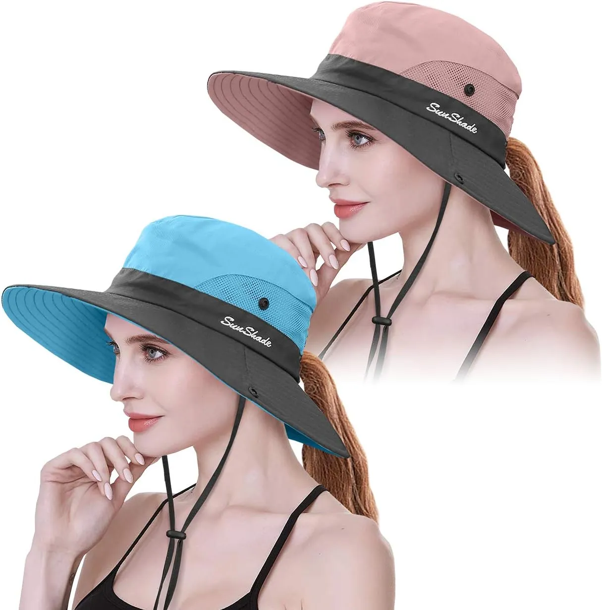 IYEBRAO 2 Pack Womens Ponytail Sun Hat UV Protection Bucket Hats Foldable Wide Brim Summer Boonie Beach Cap Fishing Hiking…