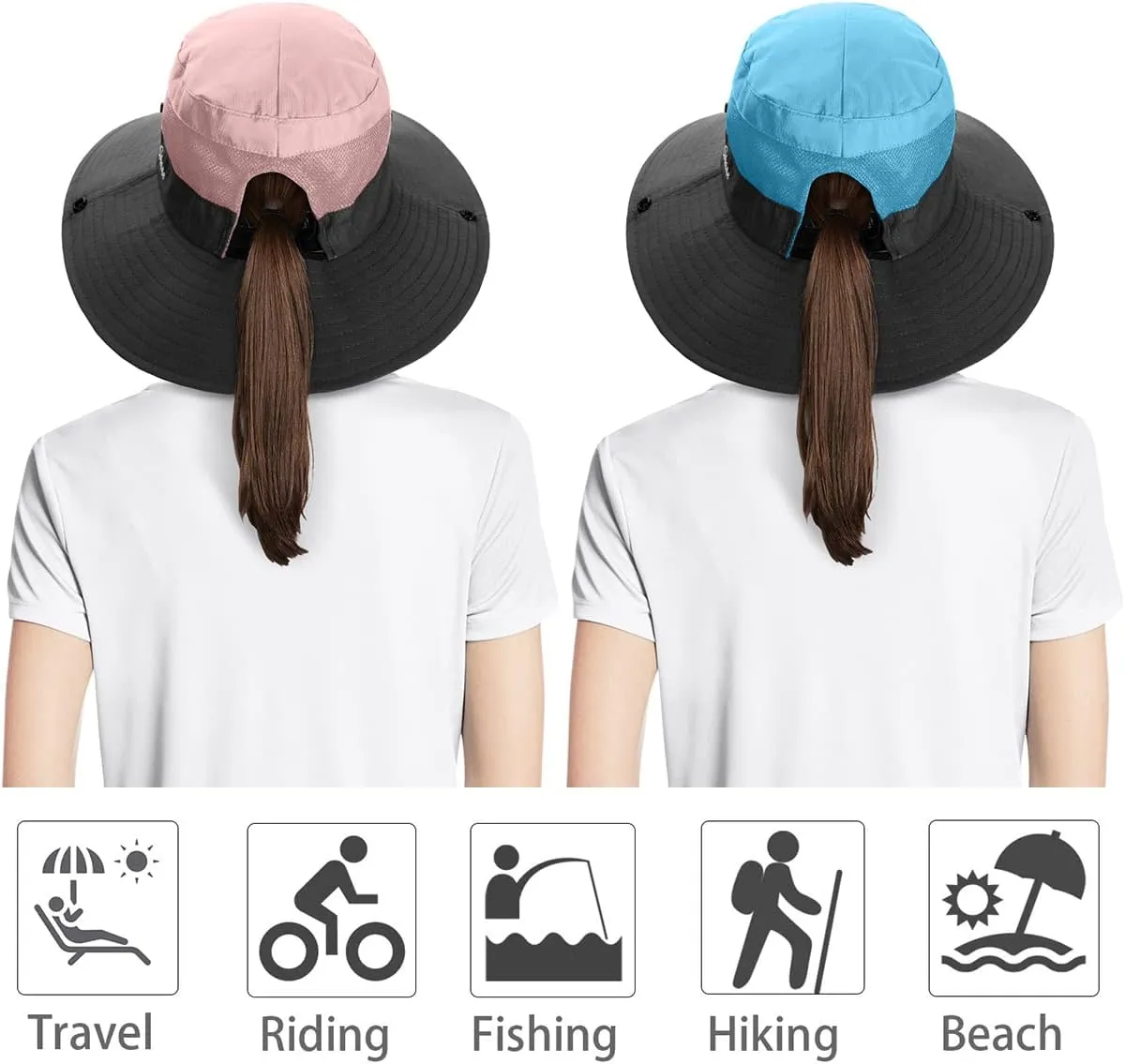 IYEBRAO 2 Pack Womens Ponytail Sun Hat UV Protection Bucket Hats Foldable Wide Brim Summer Boonie Beach Cap Fishing Hiking…