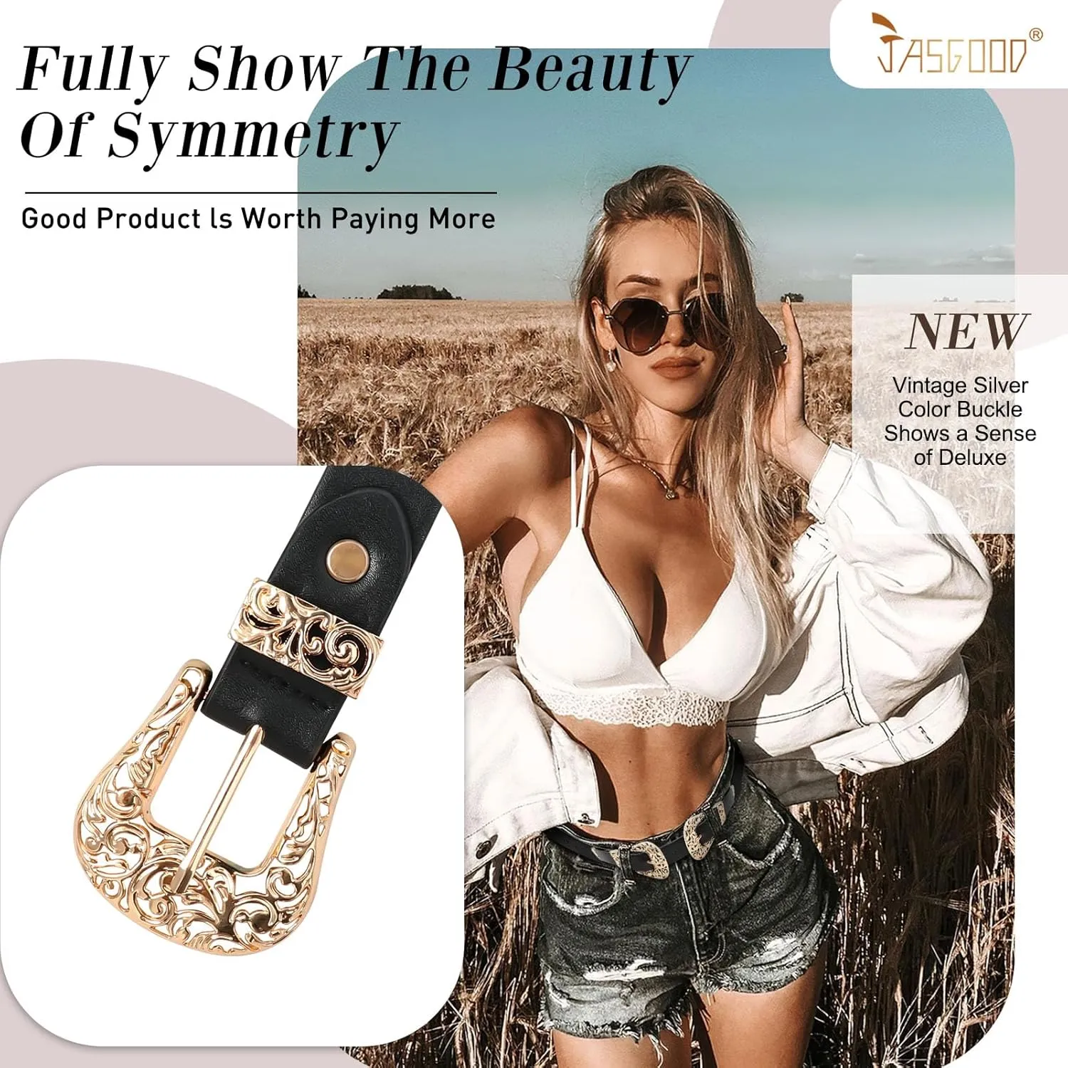 JASGOOD Women Leather Belts Ladies Vintage Western Design Black Waist Belt for Pants Dresses