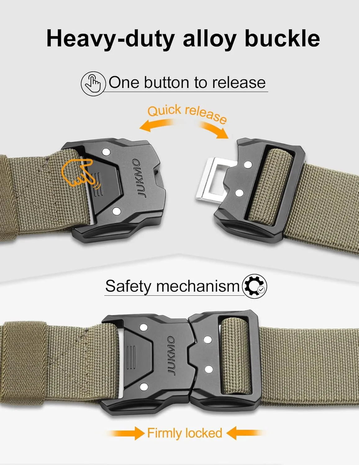 JUKMO Quick Release Tactical Belt, Military Work 1.5" Nylon Web Hiking Belt with Heavy Duty Seatbelt Buckle