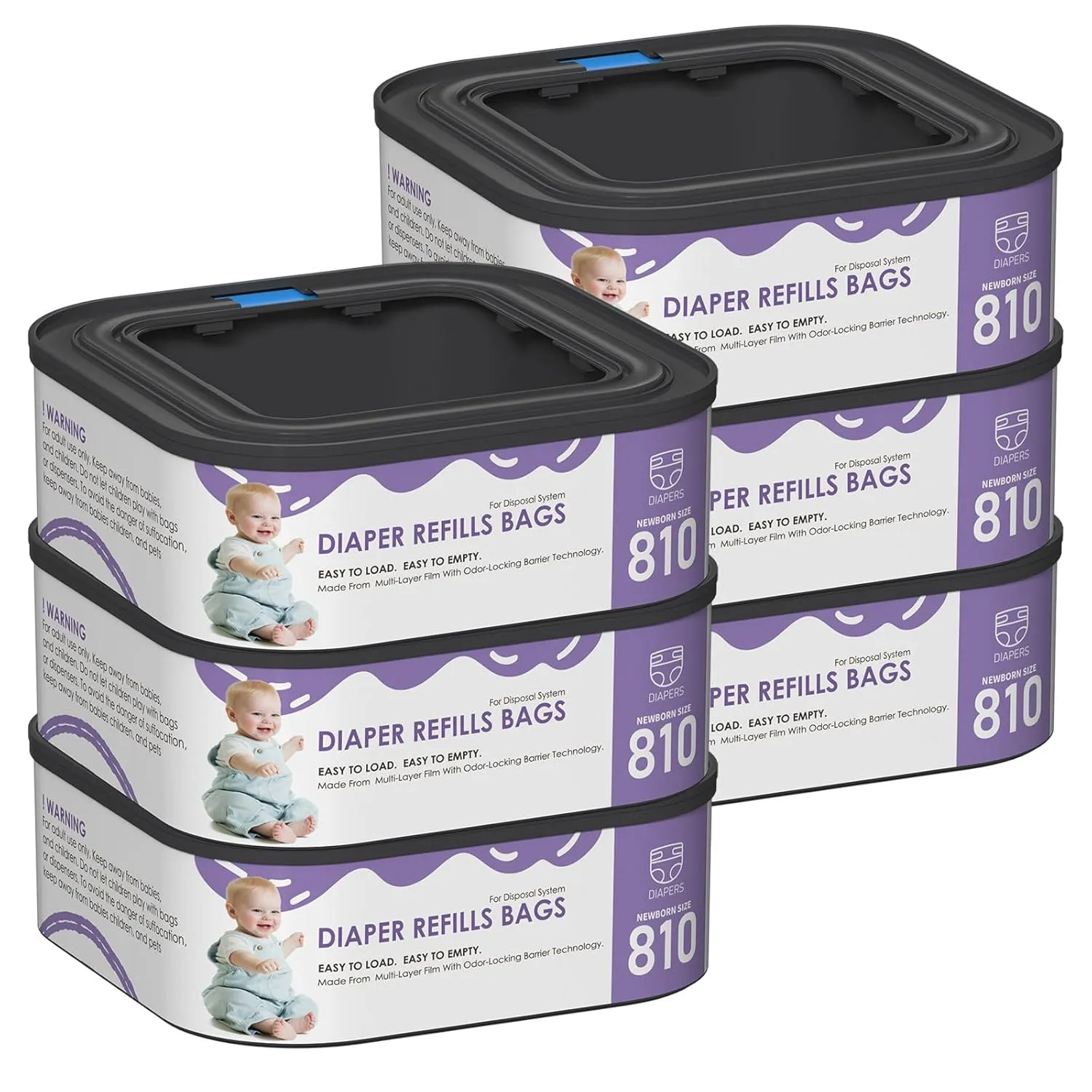 Jumbo Square Refills Disposal Bags Refill Compatible with Diaper Genie Compact, Select and Classic Pails, Hold Up to 810 Newborn-Sized Diapers Per Refill, Pack of 6