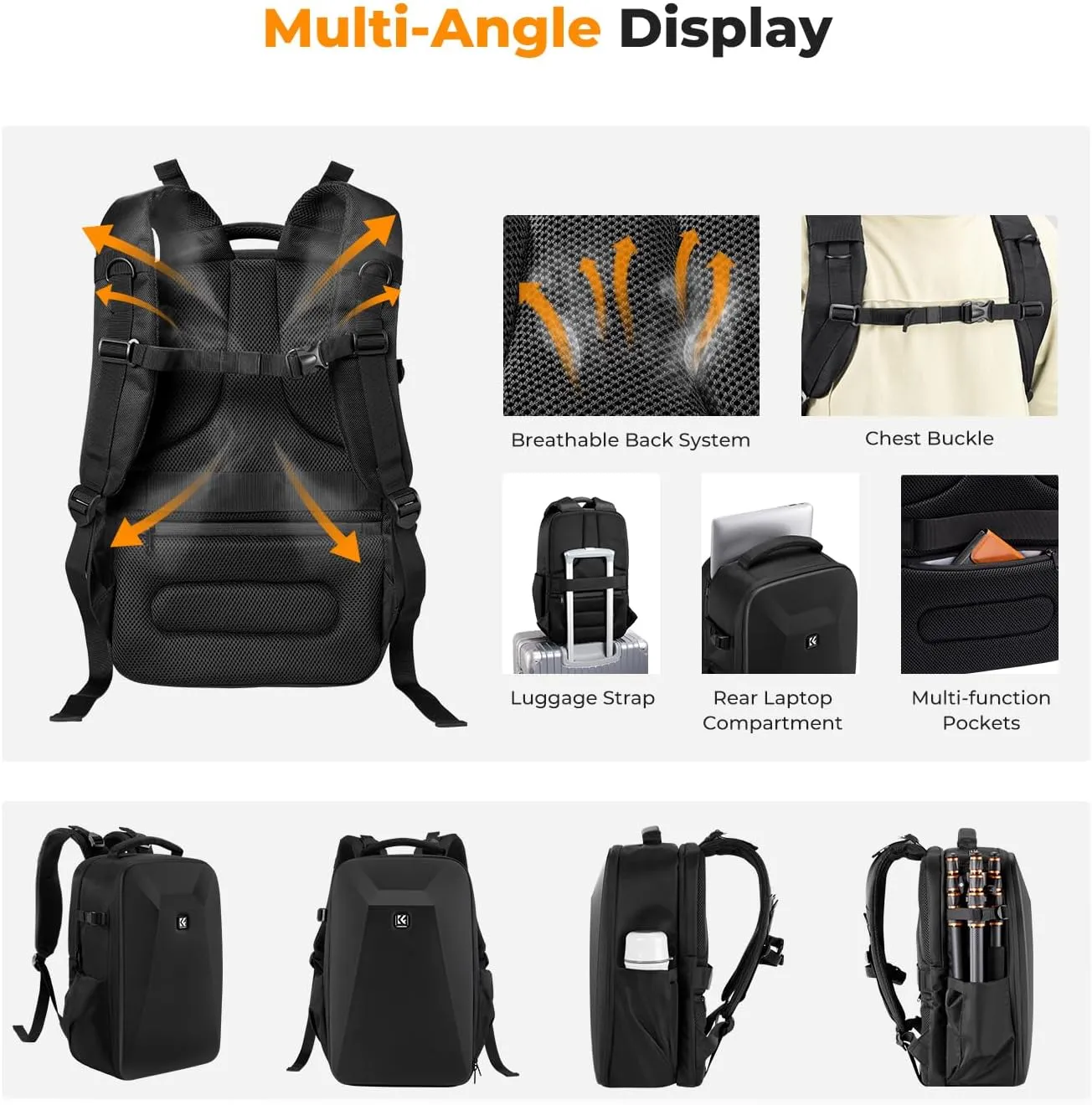 K&F Concept Camera Backpack,Hardshell Photography DSLR Camera Bag with 15-15.6 Inch Laptop Compartment Waterproof Hard Shell Camera Case Compatible for Canon/Nikon/Sony/DJI Mavic Drone