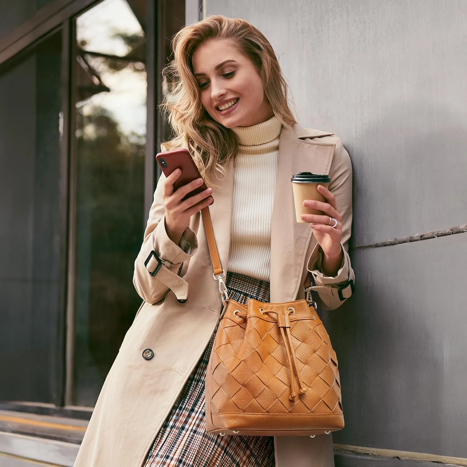 Kattee Woven Leather Bucket Bags for Women, Drawstring Crossbody Hobo Purses and Shoulder Handbags with 2 Straps
