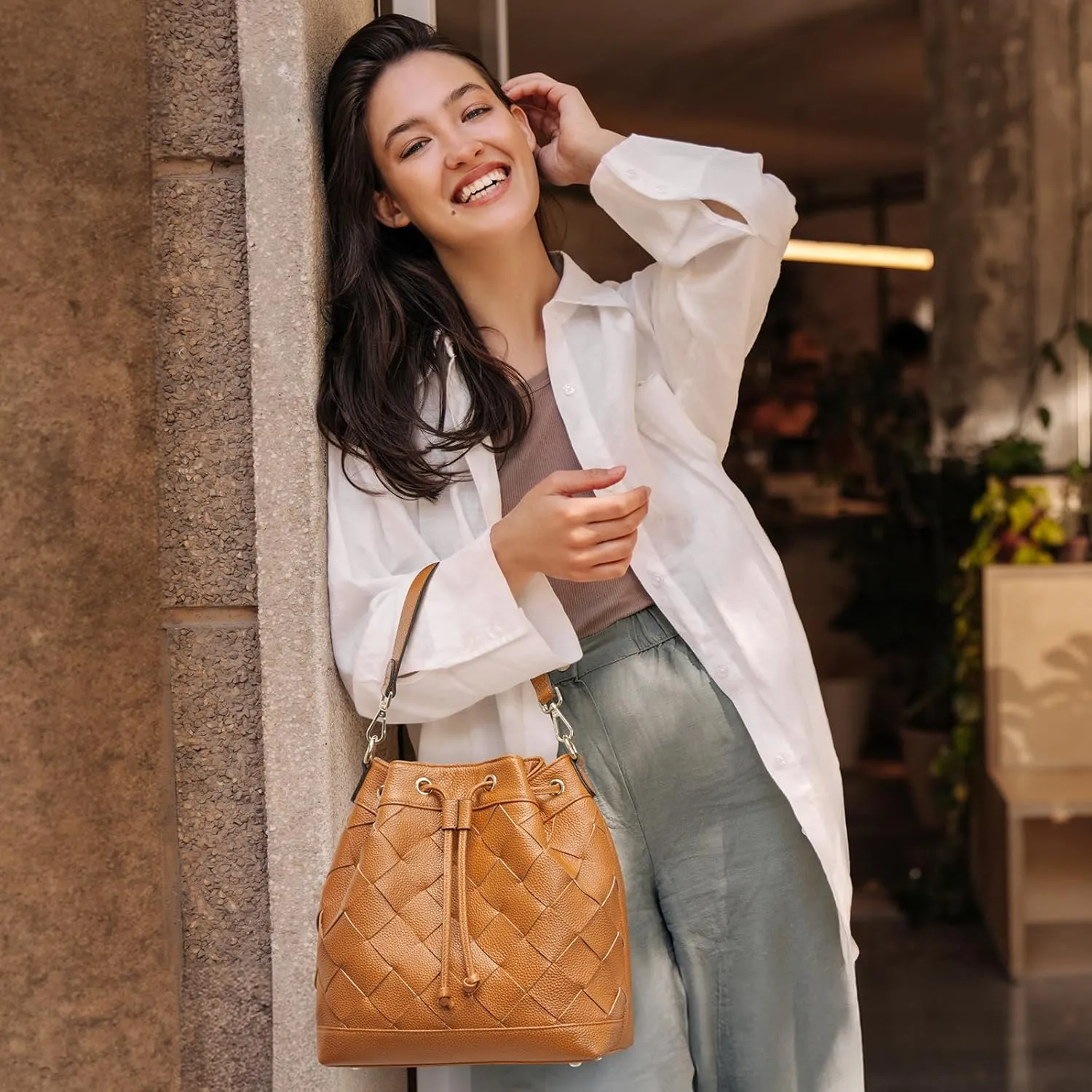 Kattee Woven Leather Bucket Bags for Women, Drawstring Crossbody Hobo Purses and Shoulder Handbags with 2 Straps