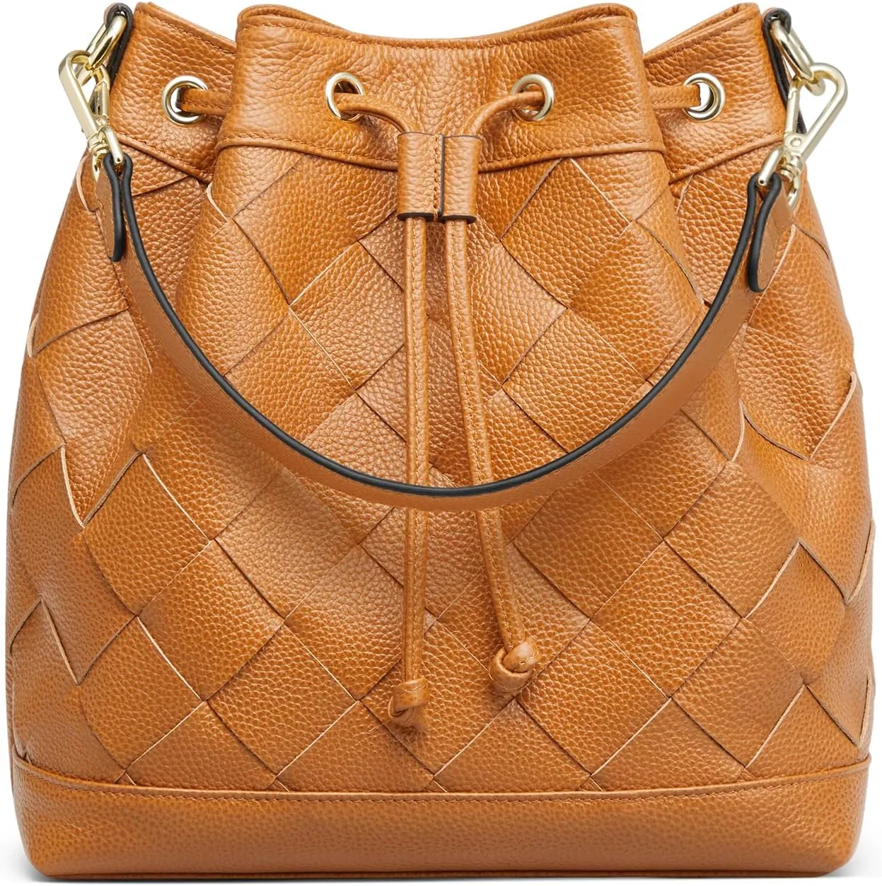 Kattee Woven Leather Bucket Bags for Women, Drawstring Crossbody Hobo Purses and Shoulder Handbags with 2 Straps
