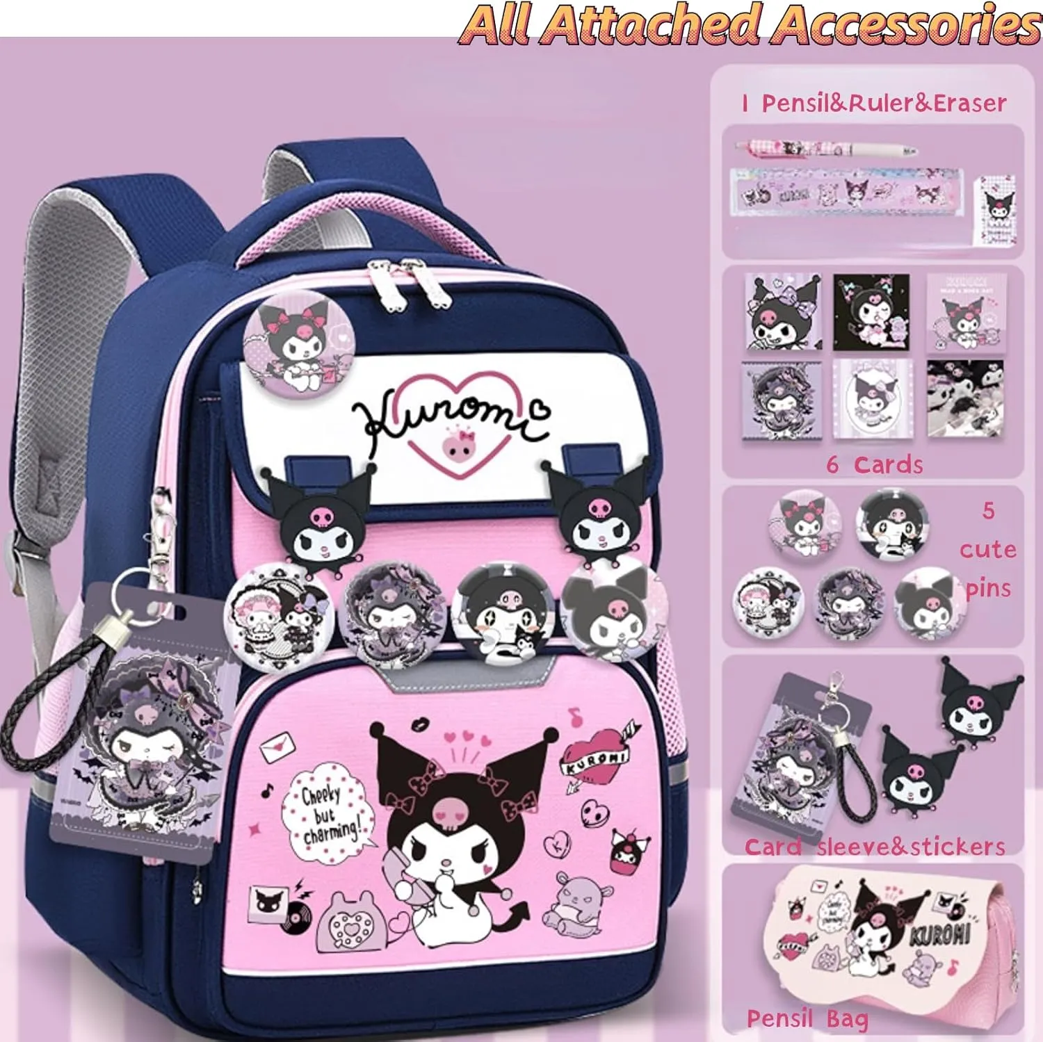 Kawaii Backpack with 18Pcs Accessories Anime Cartoon Anti-Theft Travel Aesthetic New Semester Gifts Bag with Cute Pins