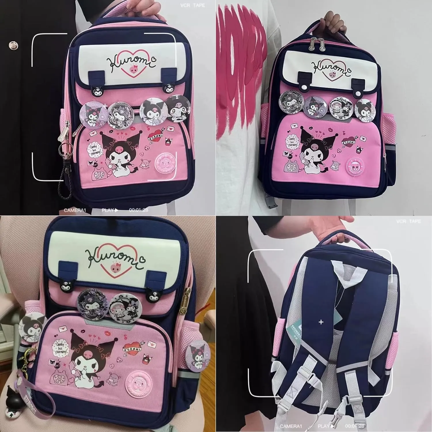 Kawaii Backpack with 18Pcs Accessories Anime Cartoon Anti-Theft Travel Aesthetic New Semester Gifts Bag with Cute Pins