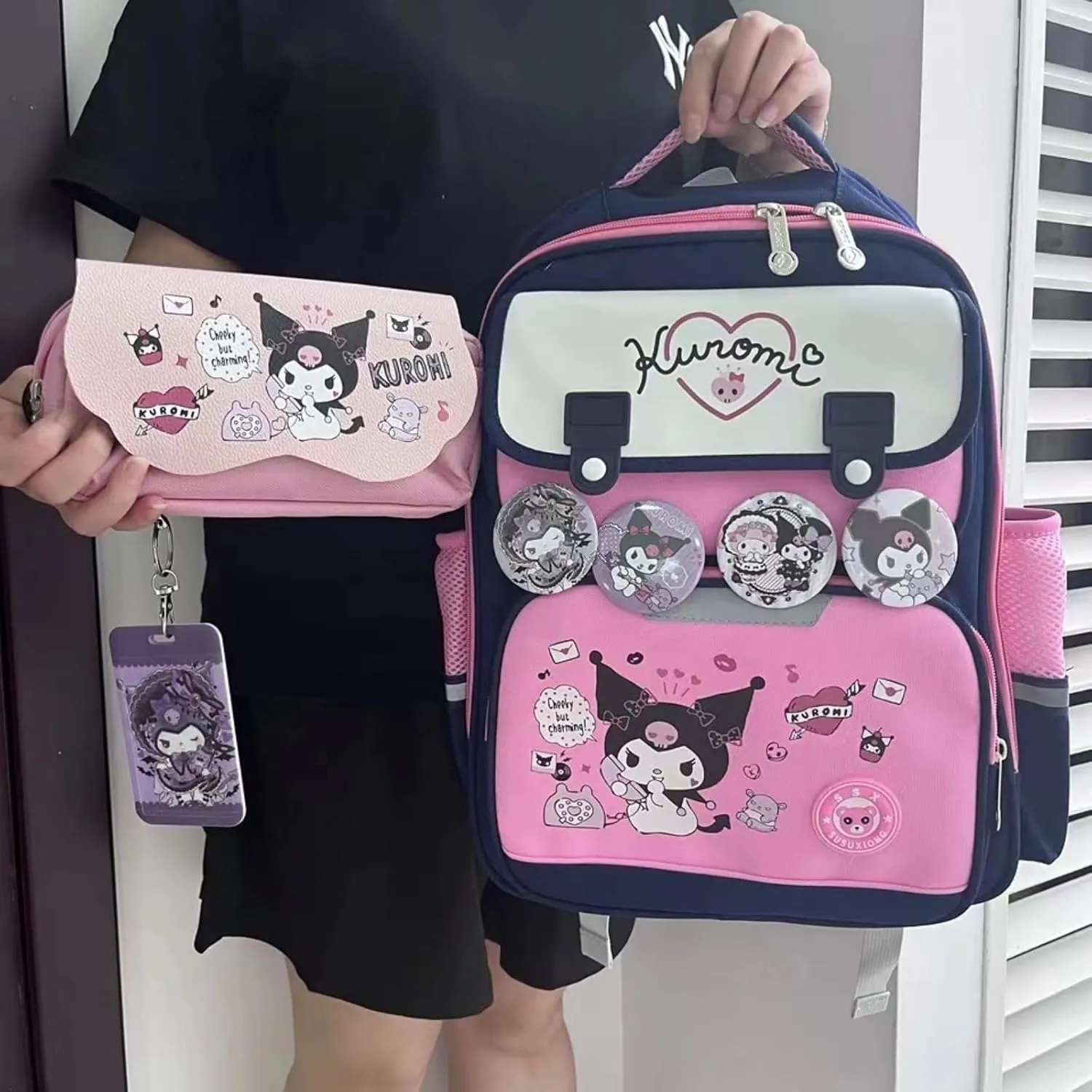Kawaii Backpack with 18Pcs Accessories Anime Cartoon Anti-Theft Travel Aesthetic New Semester Gifts Bag with Cute Pins