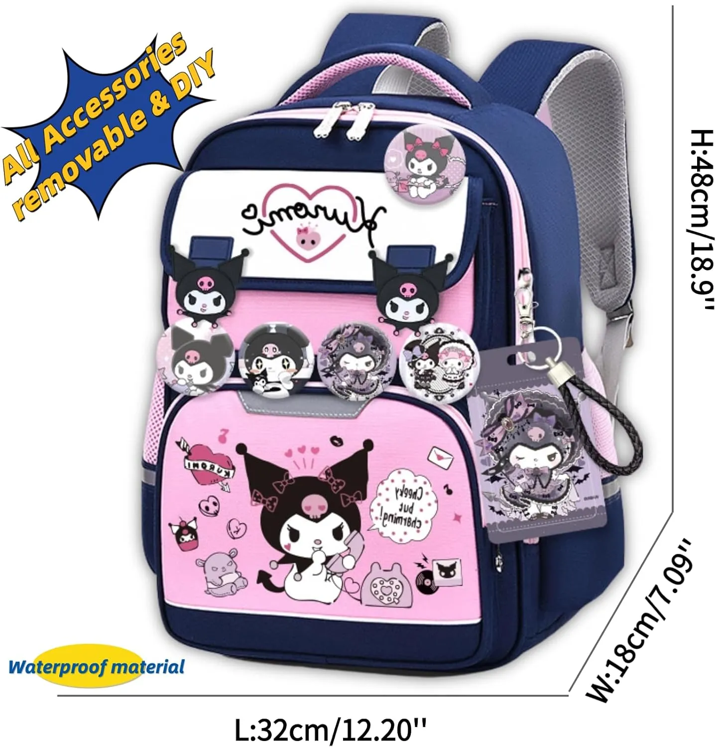 Kawaii Backpack with 18Pcs Accessories Anime Cartoon Anti-Theft Travel Aesthetic New Semester Gifts Bag with Cute Pins