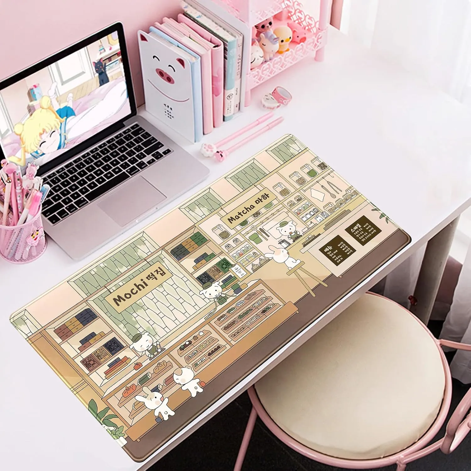 Kawaii Cute Desk Mat Beige Japanese Anime Large Mouse Pad XXL Extended Gaming Mousepad Keyboard Mouse Mat Desk Pad for Computer Laptop 31.5''X15.7'' Non-Slip Rubber Base