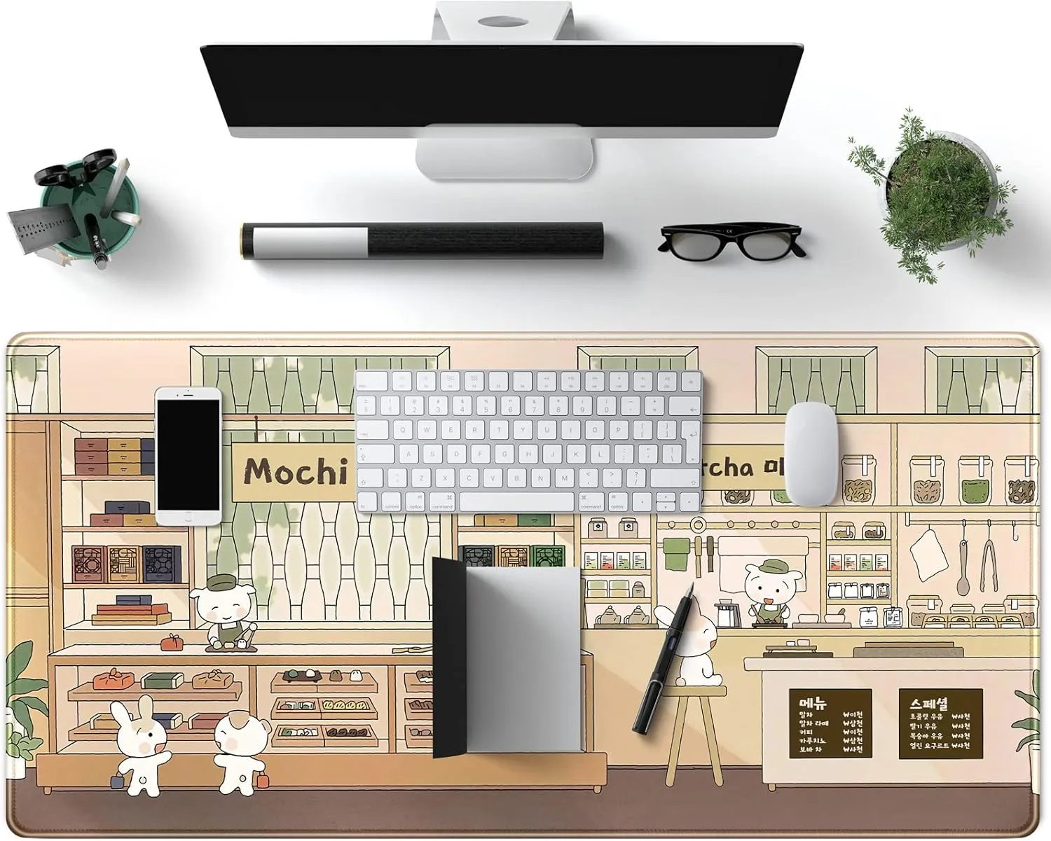 Kawaii Cute Desk Mat Beige Japanese Anime Large Mouse Pad XXL Extended Gaming Mousepad Keyboard Mouse Mat Desk Pad for Computer Laptop 31.5''X15.7'' Non-Slip Rubber Base