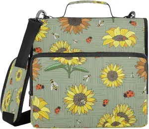 Kcldeci Sunflowers Bees and Lady Beetles 3 Ring Binder with Zipper,500 Sheet Trapper Keeper Organizer 1.5inch Binder Bag with Shoulder Strap Documents Storage for School and Office