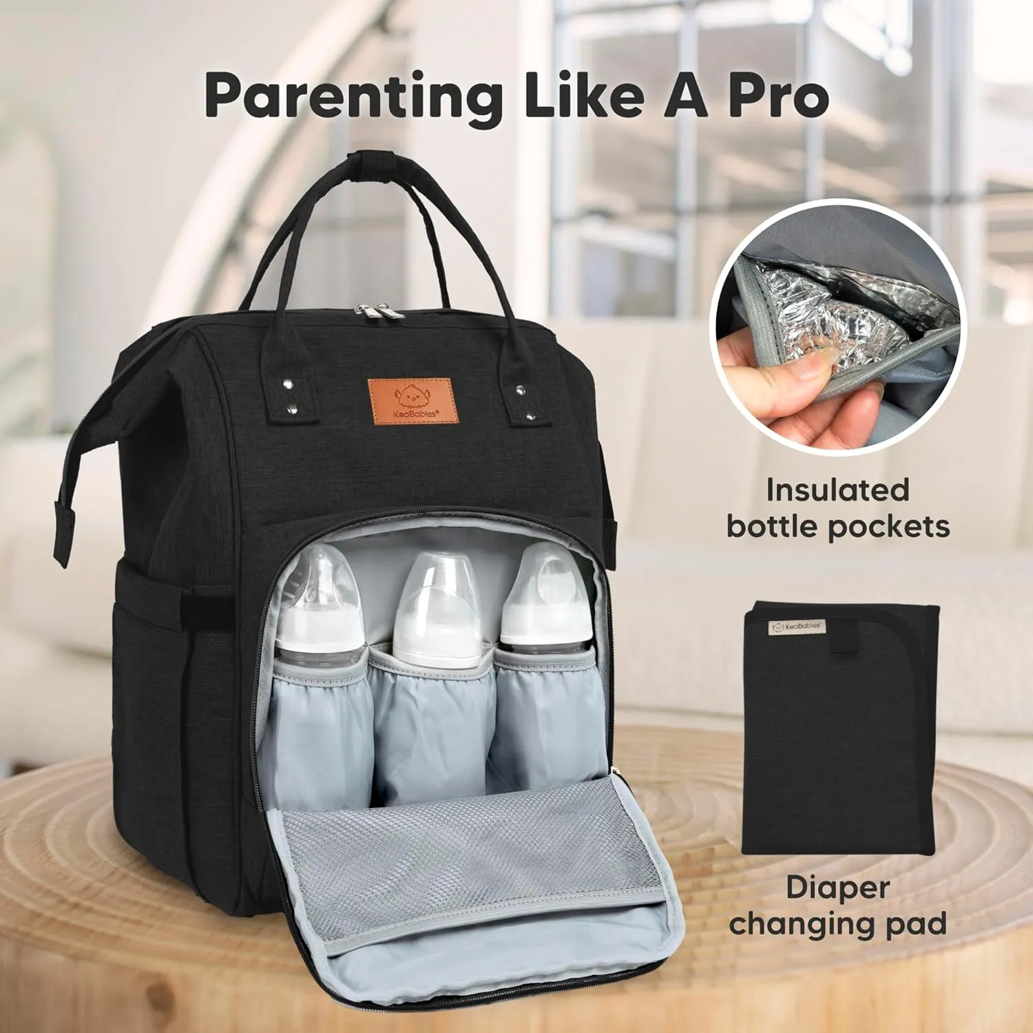 KeaBabies Baby Diaper Bag Backpack - Large Baby Bag for Boys, Girls, Waterproof Multi Function Travel Diaper Backpack with Changing Pad, Durable Travel Essentials for Moms and Dads (Trendy Black)