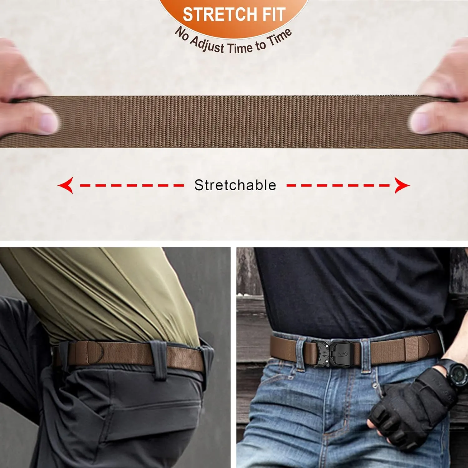 KEMISANT Mens Tactical Belt 2Pack, Stretch Military Rigger Work Belt for Heavy Duty 1.5" Nylon Web Easy Replacing Design