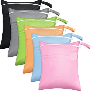 Kenning 6 Pack wet dry bags for Baby Cloth Diapers Swimsuit or Wet Clothes with 2 Zippered Pockets Waterproof Reusable Travel Beach Pool Gym Bags, 6 Colors