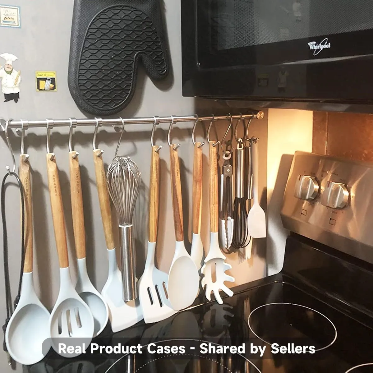 Kitchen Hanging Rack, 20 Inch Wall-Mounted Pot Holder with 10 Quiet Sliding Hooks, Rail Organizer Utensil Holder Bar for Cooking Spatulas Cups, Made of 304 Stainless Steel. (Silver)